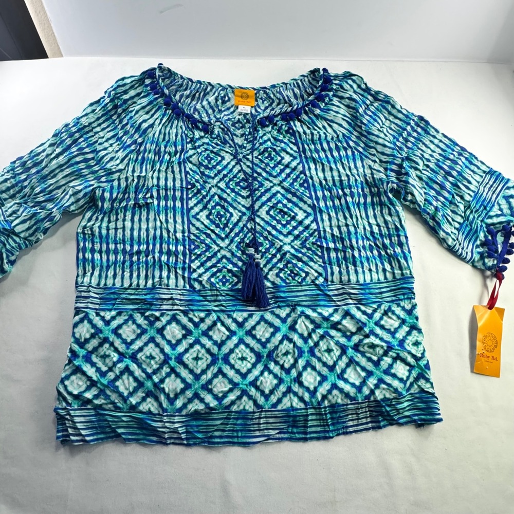 Ruby Rd Womens XL Blue Tie Dye Rayon Blouse Tassel Pom Pom Top 45147